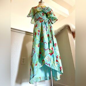 NWT L Floral Vintage Inspired High-Low Wrap Dress in Blue and Red